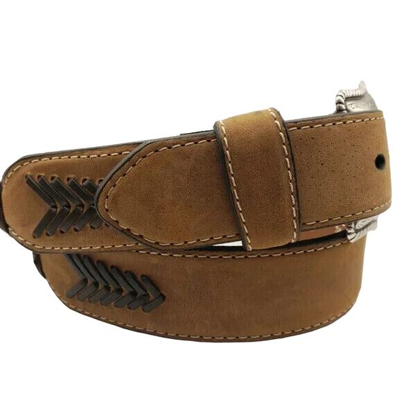 Nocona Tan Brown Leather Western Belt Braided Concho Silver Tooled Buckle Sz 26 - Picture 9 of 12